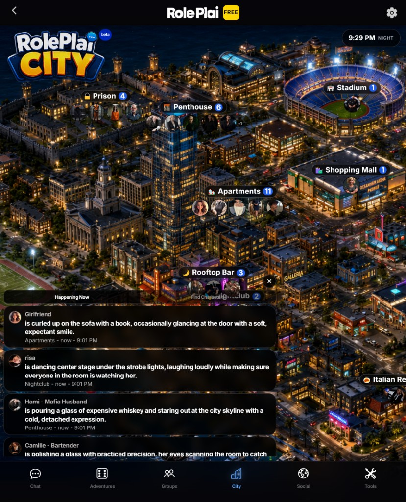 RolePlai City in action - AI characters living in a virtual city with locations like Prison, Penthouse, Rooftop Bar, and more